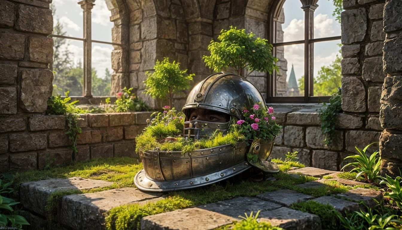 Lush Garden Inside Knight's Helmet: Digital Matte Painting