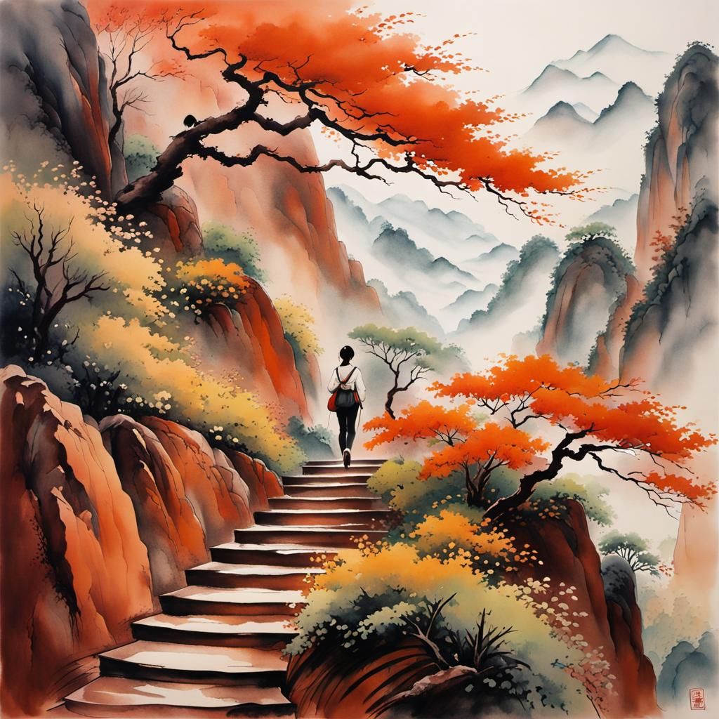 Woman Climbing Danxia Mountain in Ink Painting Style