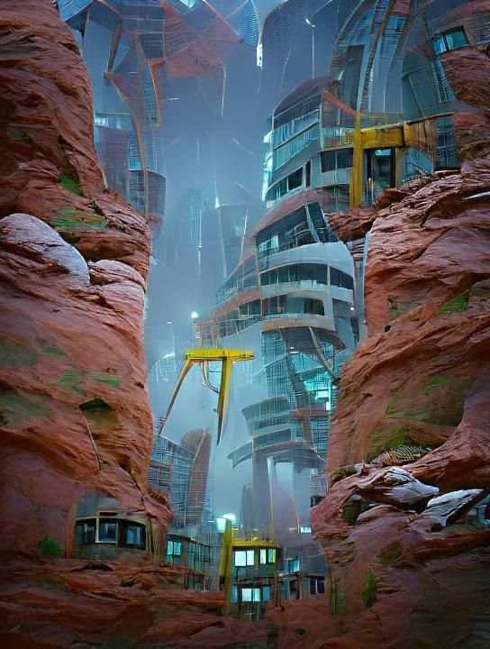 Bad weather at the Mars colony dig site, glass skyscrapers, angular futuristic architecture, cranes, red rock, lightning...