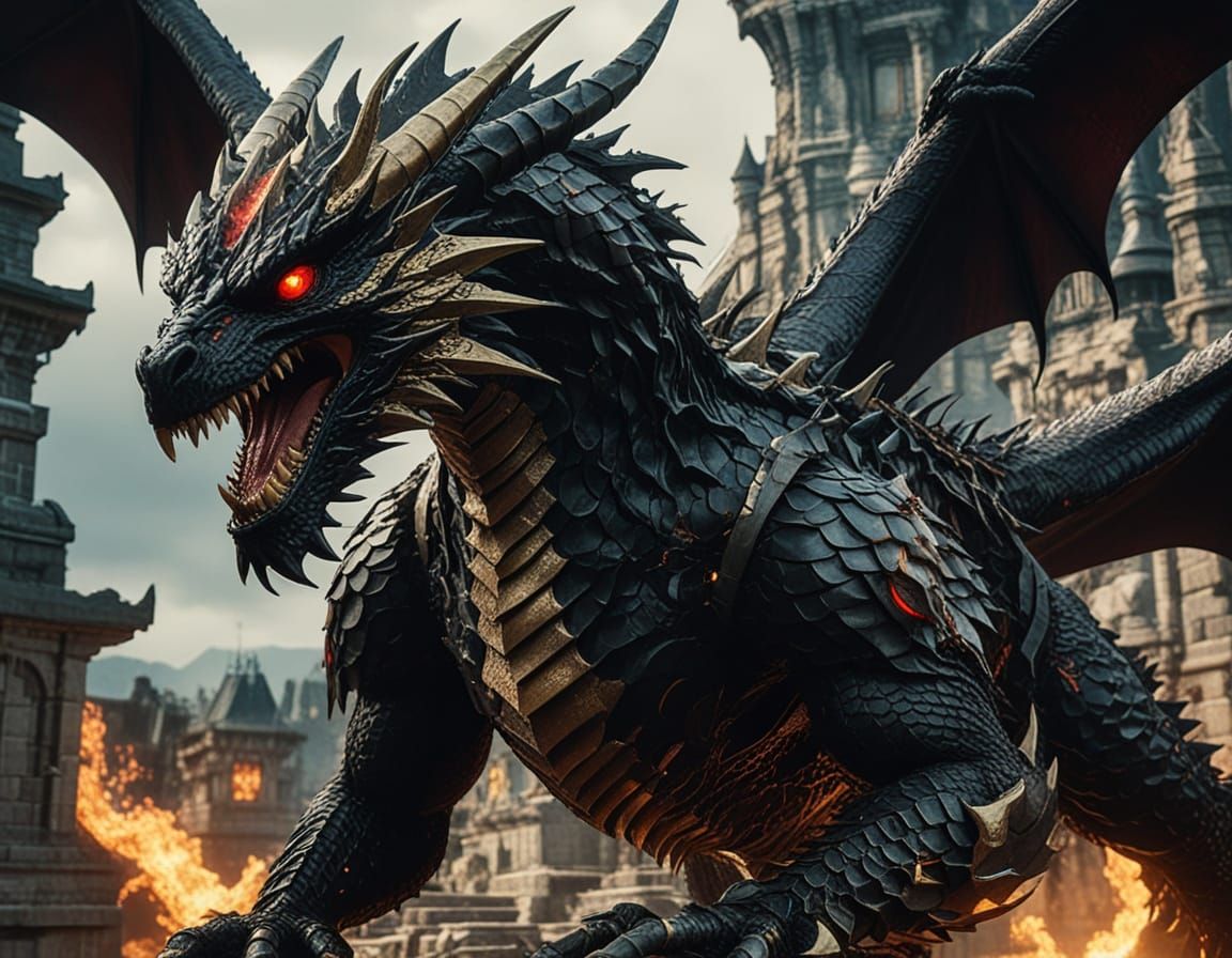 Black Mechanical Dragon Emerges in Dark Fantasy Style