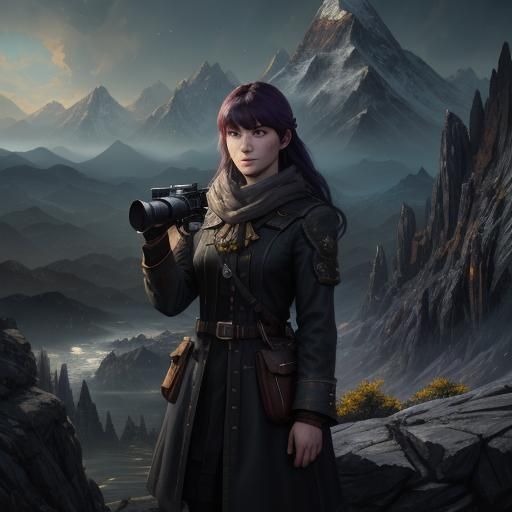 Girl Gazing at Mountains: Dark Fantasy Concept Art