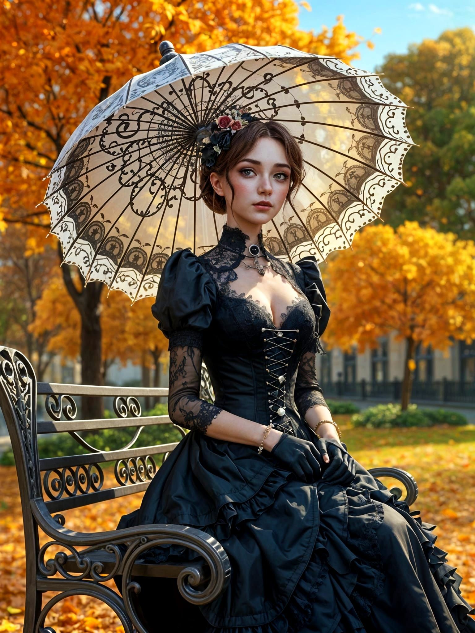 Gothic Woman with Lace Parasol in Autumn Park