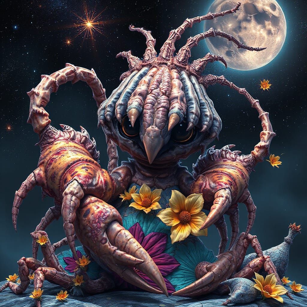 Melancholy Creature in Fractal Vortices and Cosmic Flowers