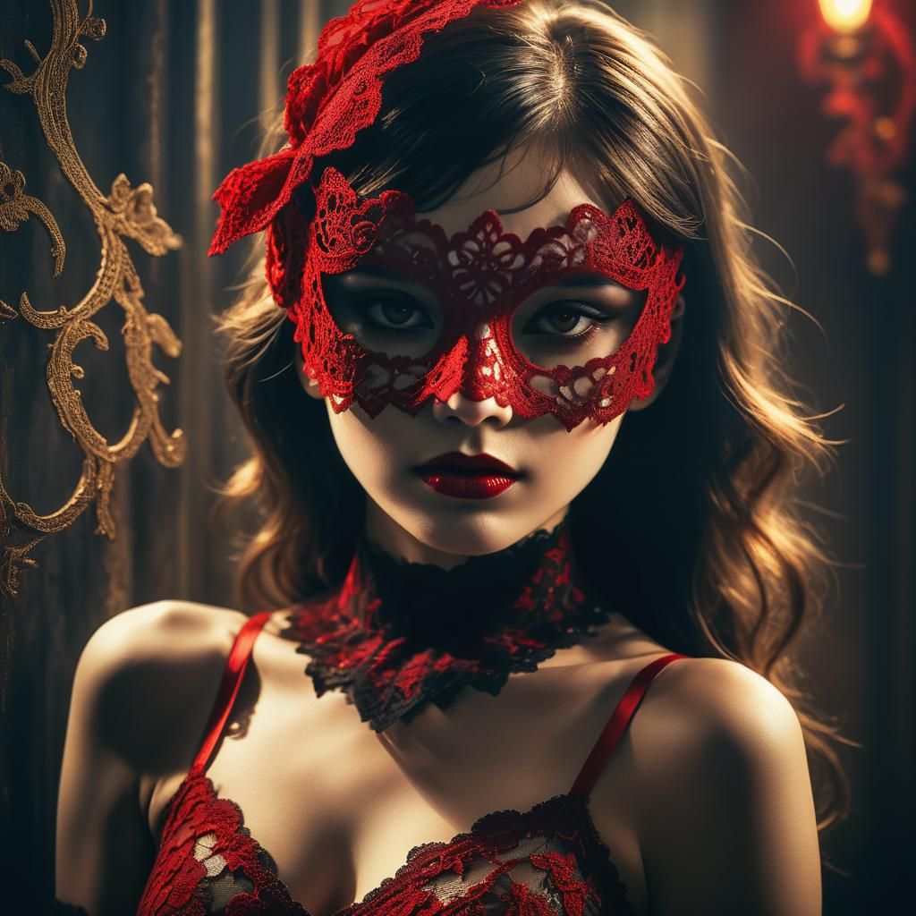 Gothic Surrealism: Woman in Red Lace Mask