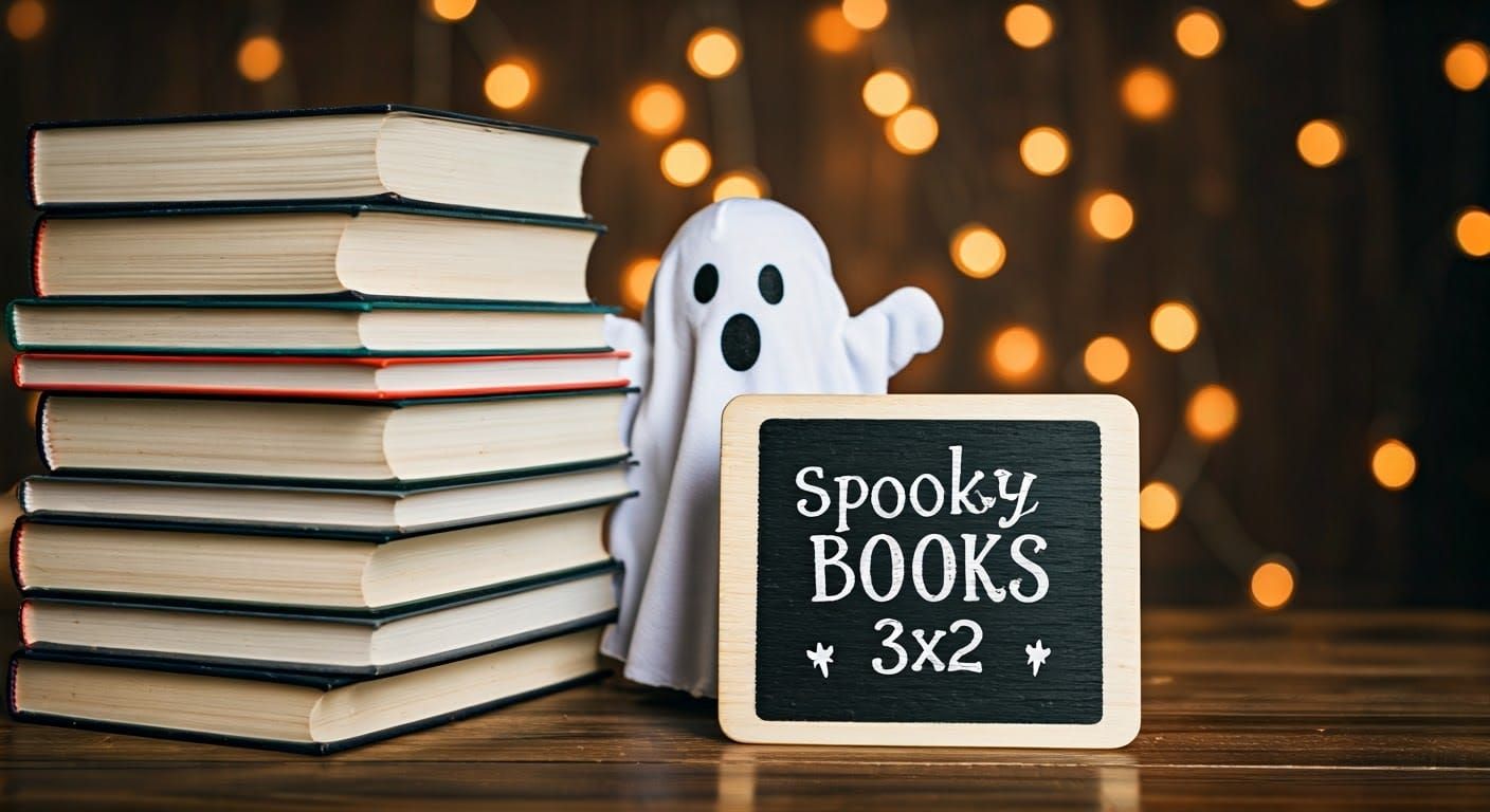 Cute Ghost Behind Books with Chalkboard Sign