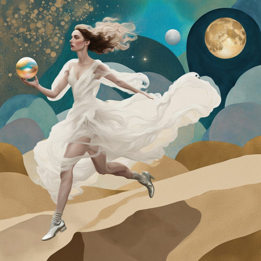 Surreal Bride Chasing Iridescent Ball on Moonscape