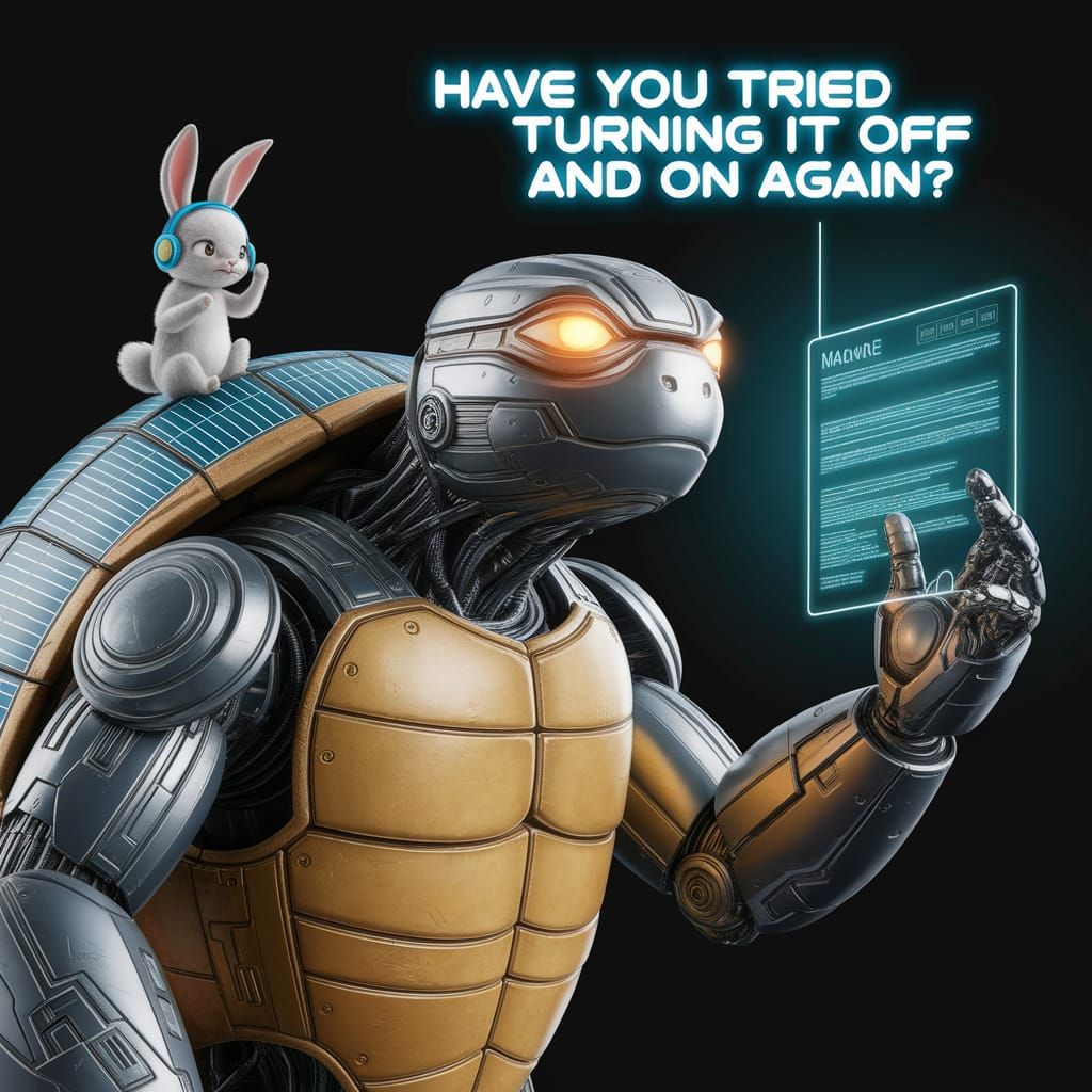 Robot Turtle & Rabbit Duo in Sci-Fi Comedy Scene