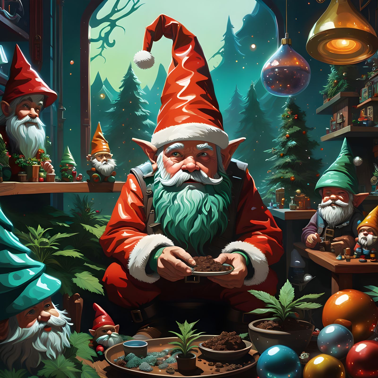 Surreal Holiday Gnomes Savor Brownies amidst Merry Marijuana...