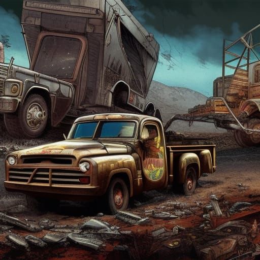 war pick up truck intricately detailed color graded panorama...