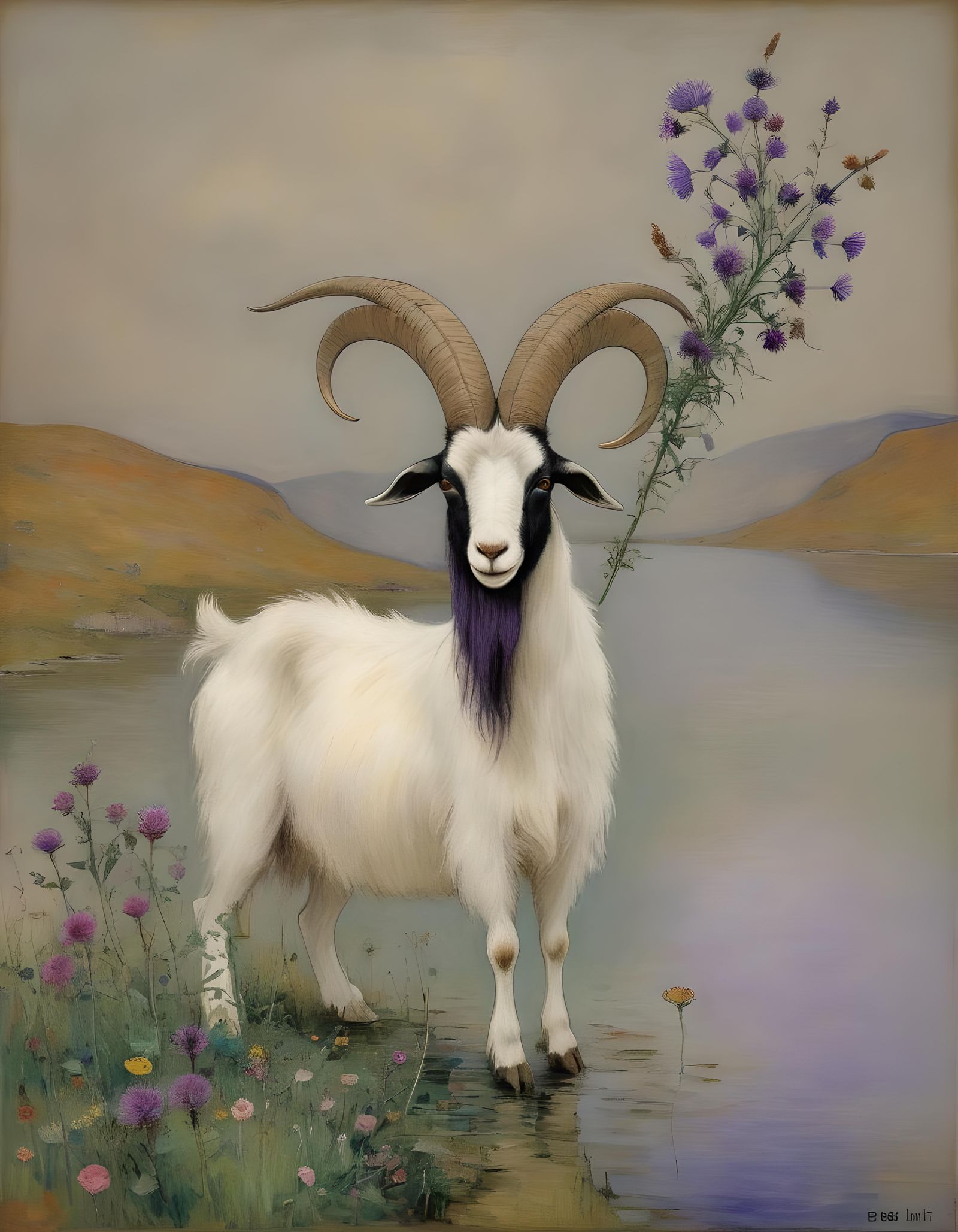 Fish-Tailed Goat in Loch, Klimt-Monet Style