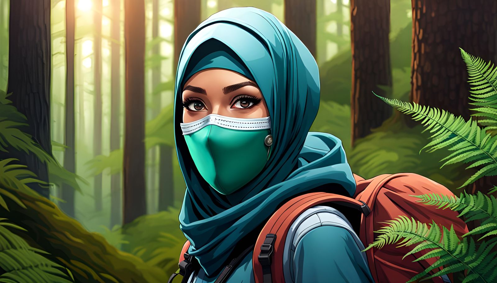 Woman with Hijab Hiking in Forest, Detailed Art