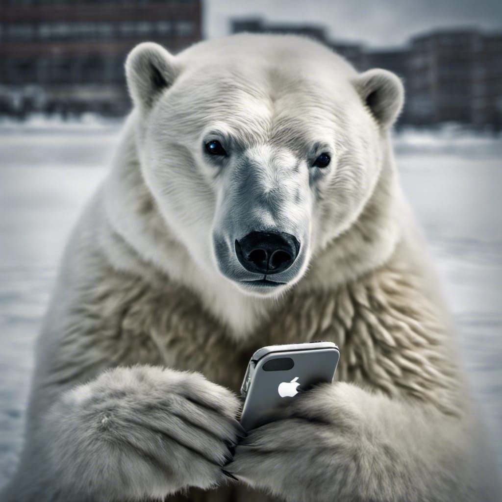 Hyperrealistic Polar Bear Addicted to iPhone
