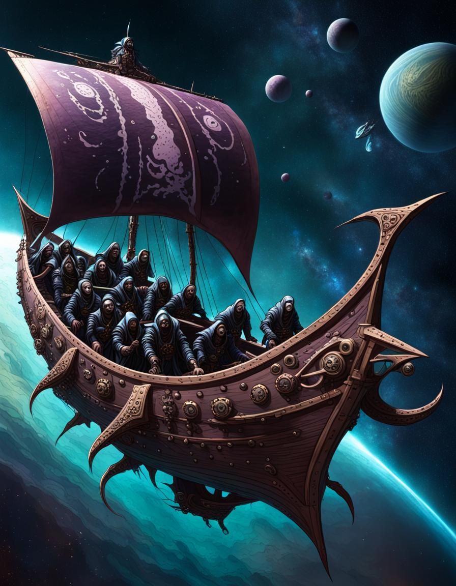 Illithid Pirates on Flying Viking Longship in Space