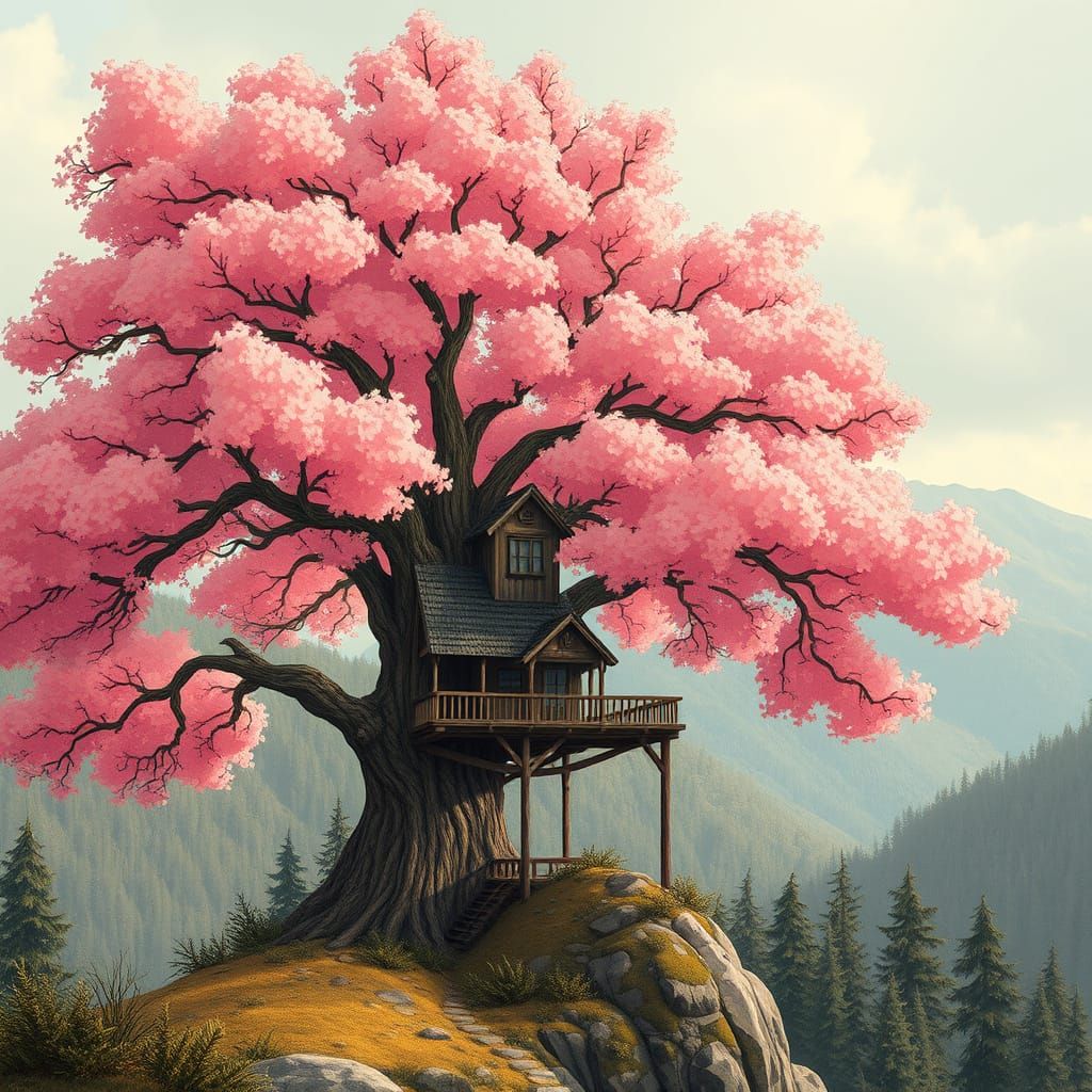 Whimsical Mountain Treehouse with Pink Leafed Tree