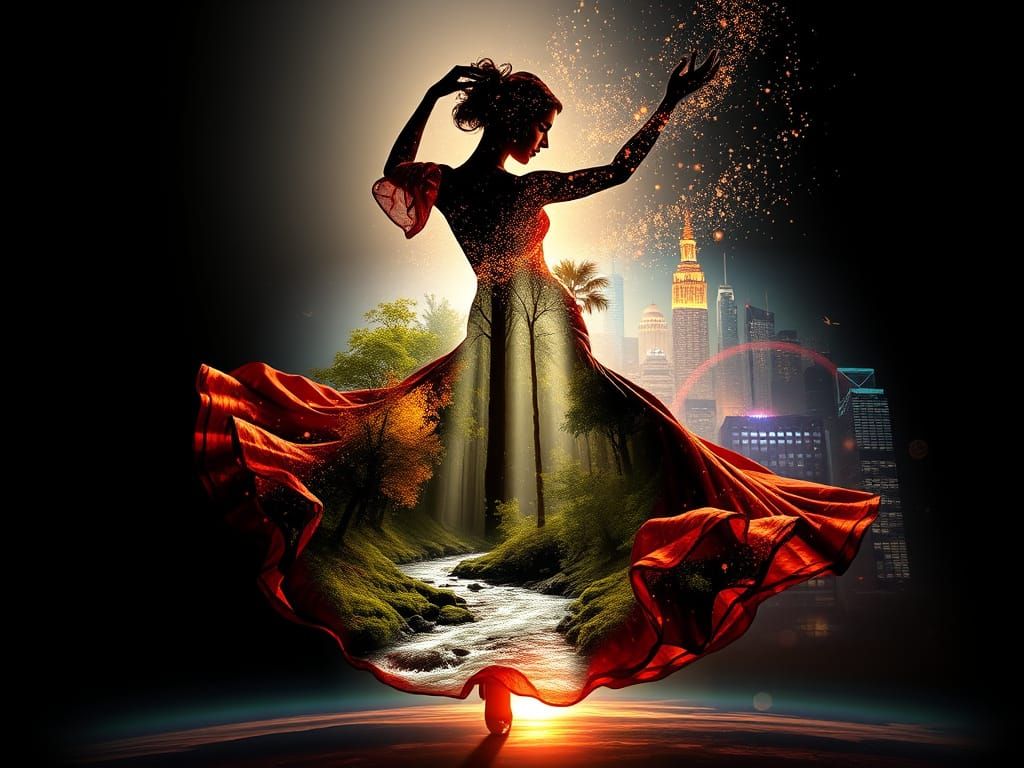 Flamenco Dancer's Triple Exposure: Nature Meets Future