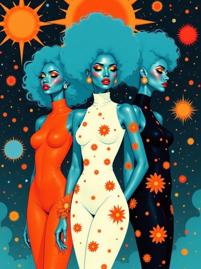 Retro-Futuristic Turquoise Women in Symmetrical Nightscape
