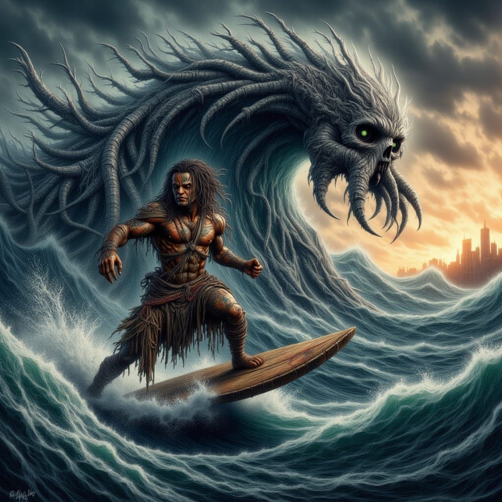 Dark Fantasy Surfer Battles Monstrous Wave in a Cyberpunk-In...