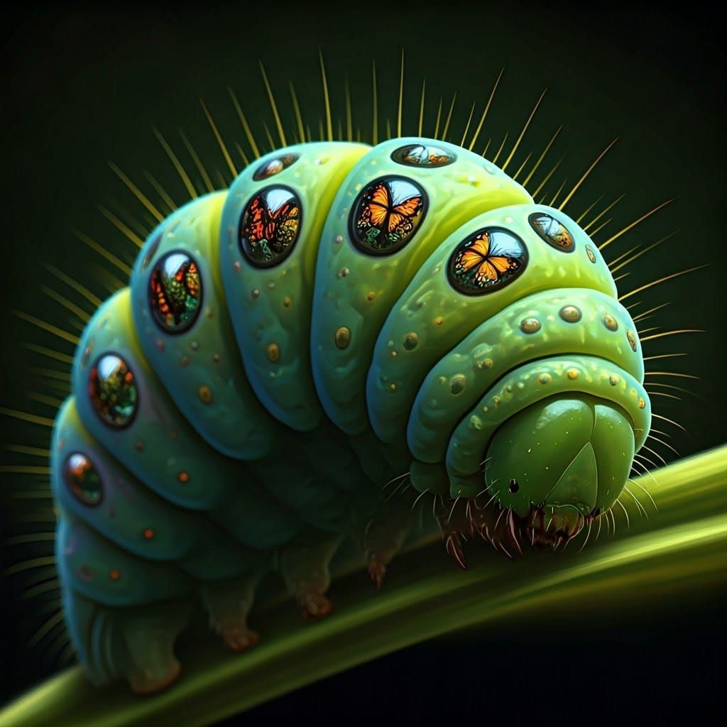 Surreal Caterpillar Reflecting Butterflies in Forest