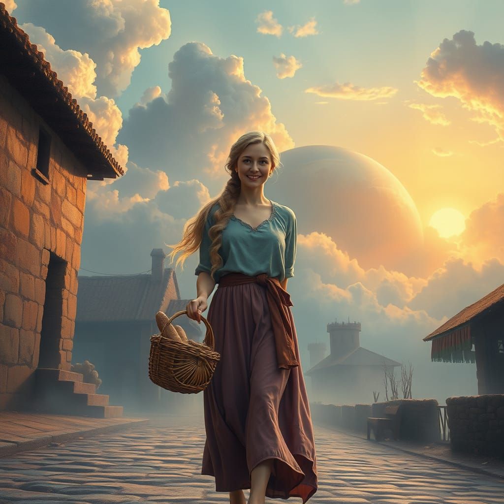 Dreamy Village Scene in a Miyazaki-Inspired, Sci-Fi Landscap...