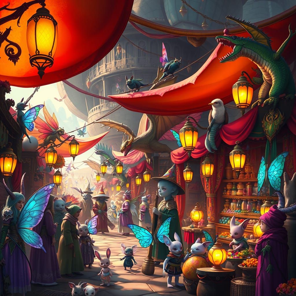 Whimsical Fantasy Market Scene in Vibrant Colors