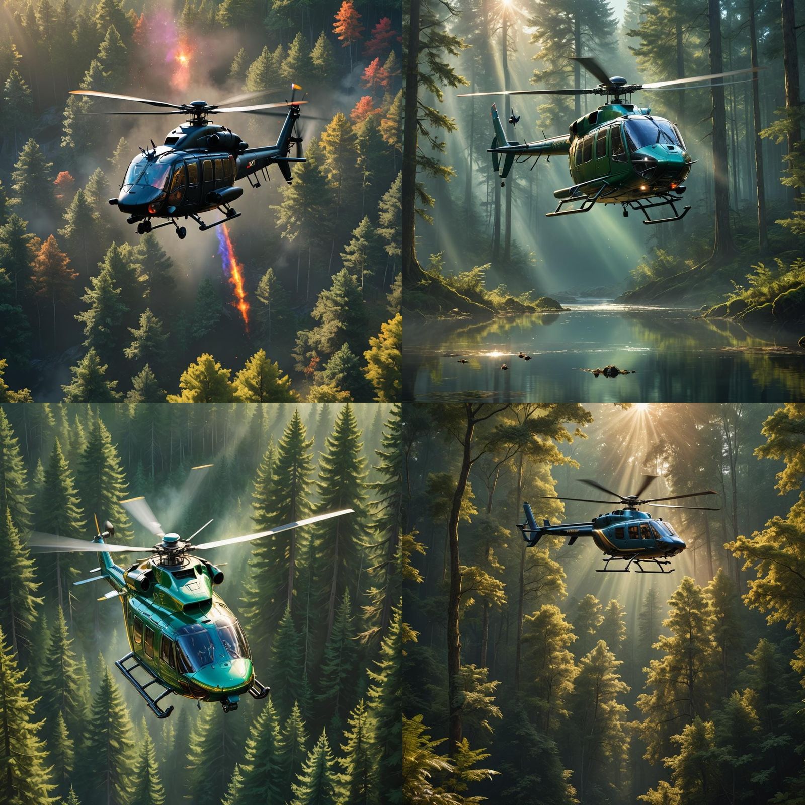 Helicopter Over Forest in Hyperrealistic Splash Art
