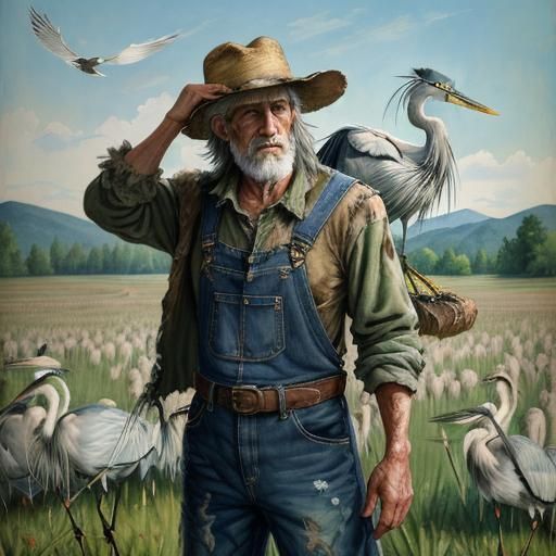 Appalachian Man Surrounded by Dead Herons in Gouache