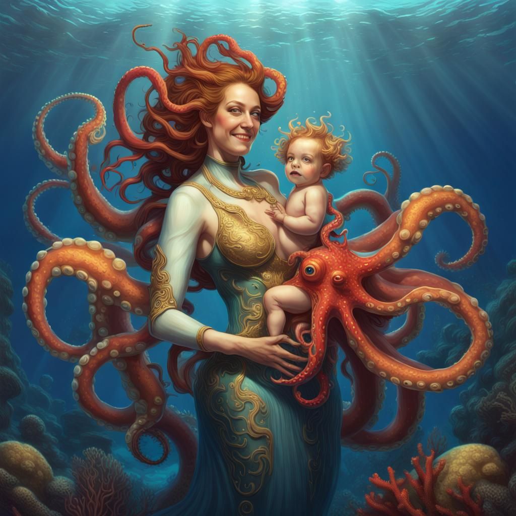 Kraken Mother and Baby in Art Nouveau Style