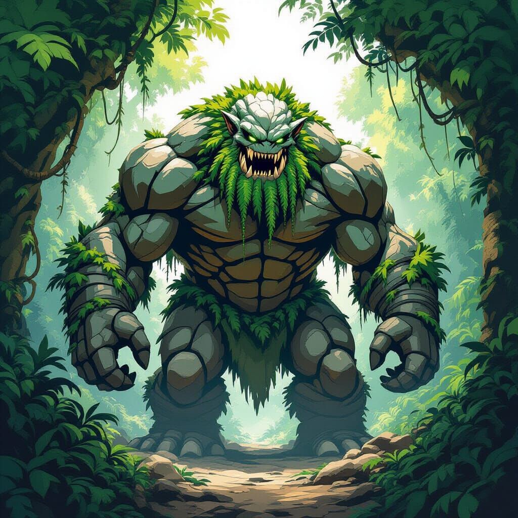 Colossal Rock Monster with Vines in Jungle, Comic Book Style