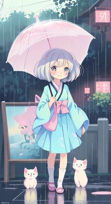 Cute Cat Under Umbrella in Anime Style