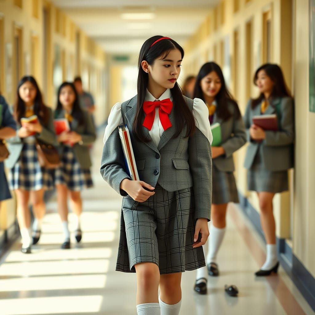 French Teenage Girl in Vintage School Uniform, Immersed in C...