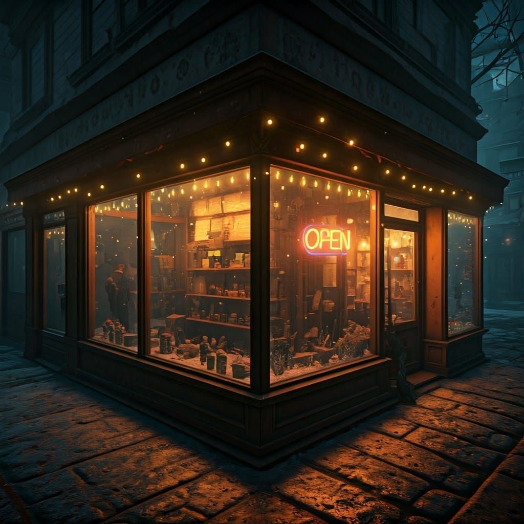 Cozy Nighttime Street Scene in Neon Hues