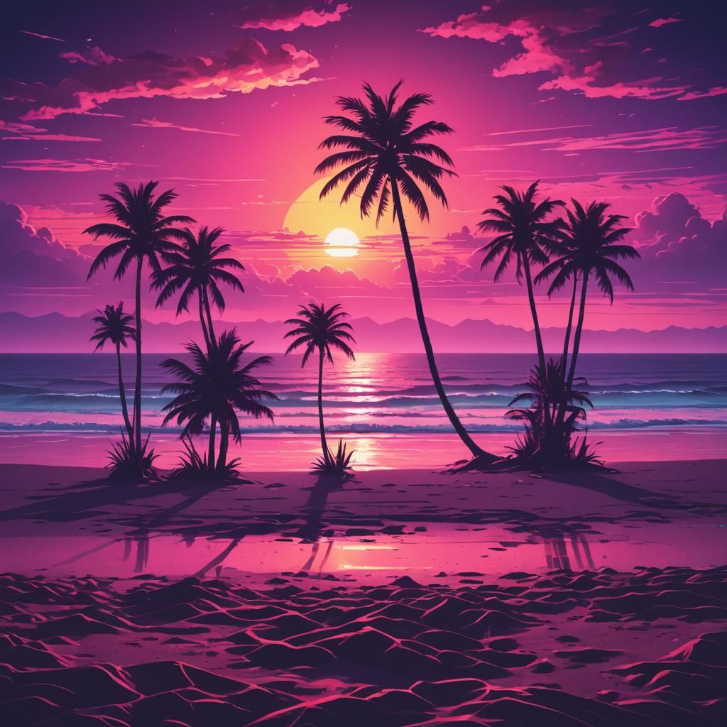 Synthwave Beach at Sunrise: Neon Retro Art