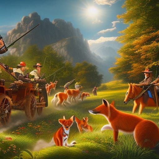 Cartoon Foxes Hunt Rabbit in Whimsical Forest Painting