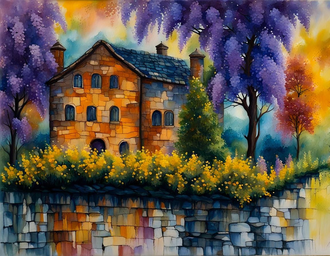 Evening Garden with Lilac and Wisteria, Encaustic Oil Painti...