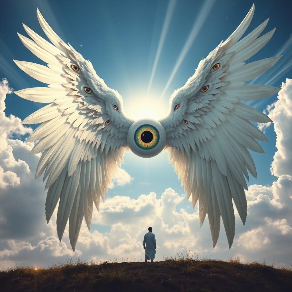 Biblical Seraphim with Wings and Eyes in Sky