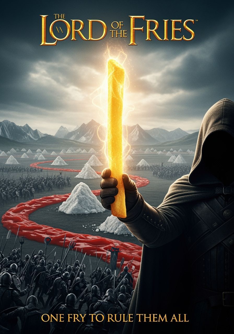Lord of the Fries Movie Poster: Hero Holds Glowing French Fr...