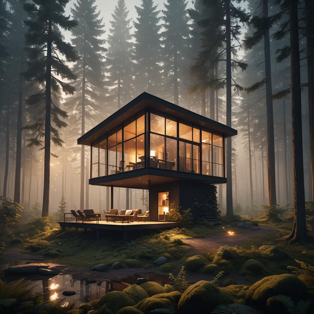 Cozy Glass Cabin in Starry Forest