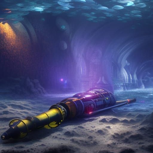 Neonlit Yellow Submarine Underwater: Detailed Matte Painting