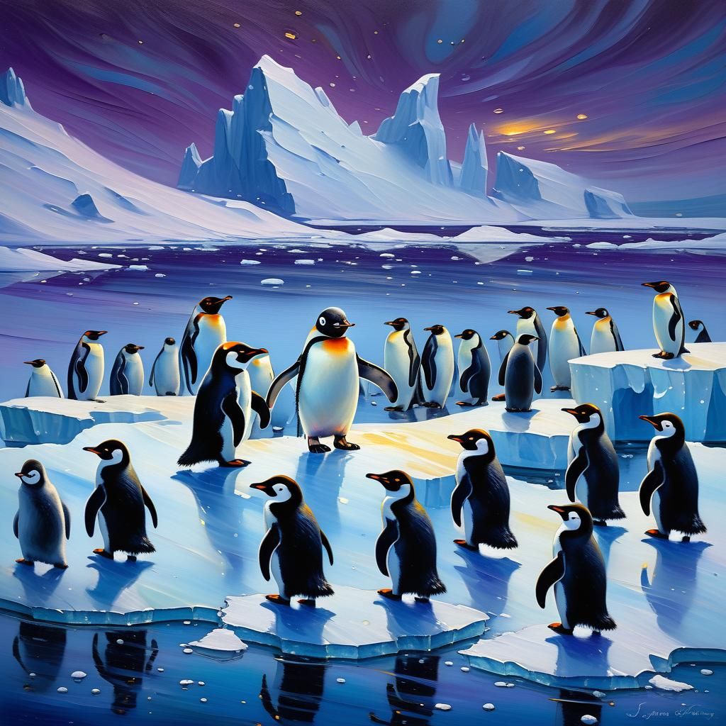 Baby Penguin Portrait in Arctic Landscape Oil Painting