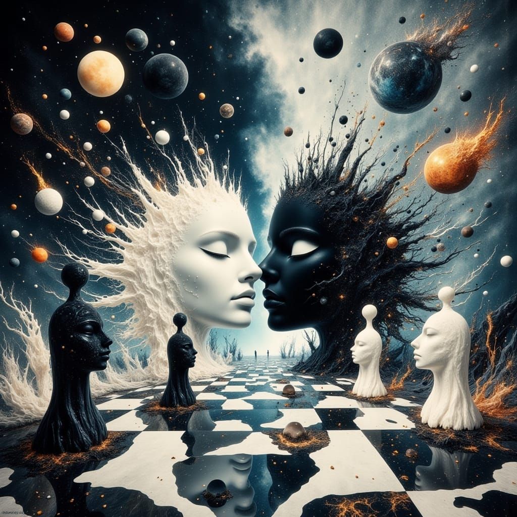 Surreal Chessboard Battle in a Digital Painting Style