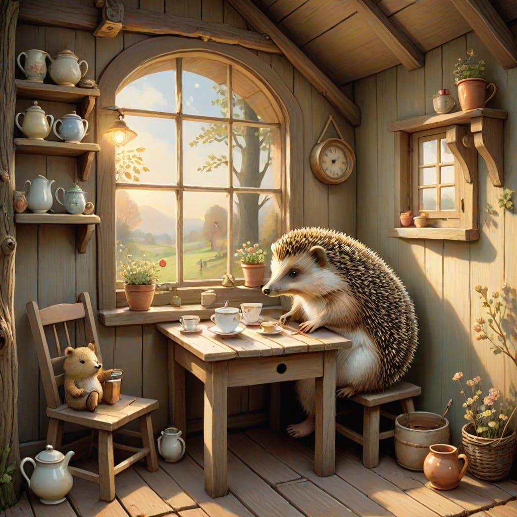 Cozy Woodland Cottage Scene in Folk Art Style