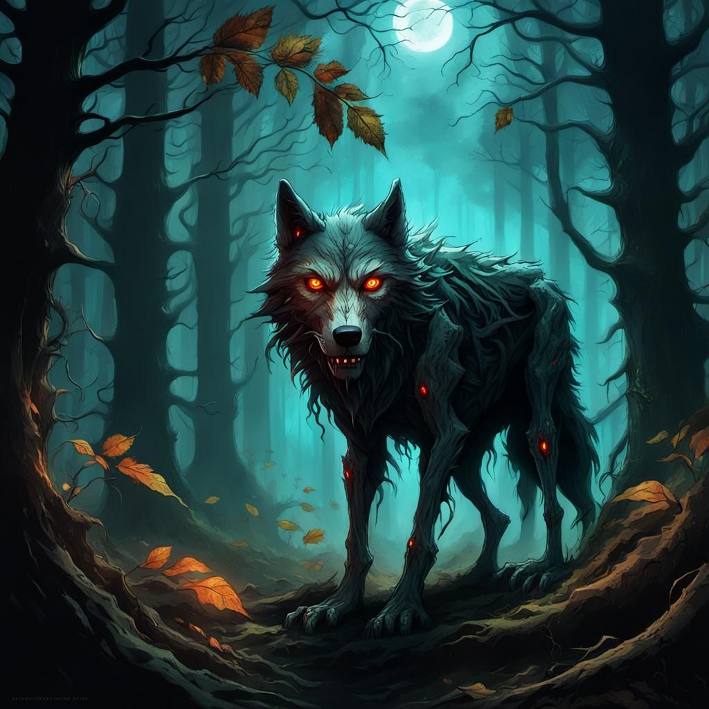 Mystical Zombie Wolf in Dark Forest