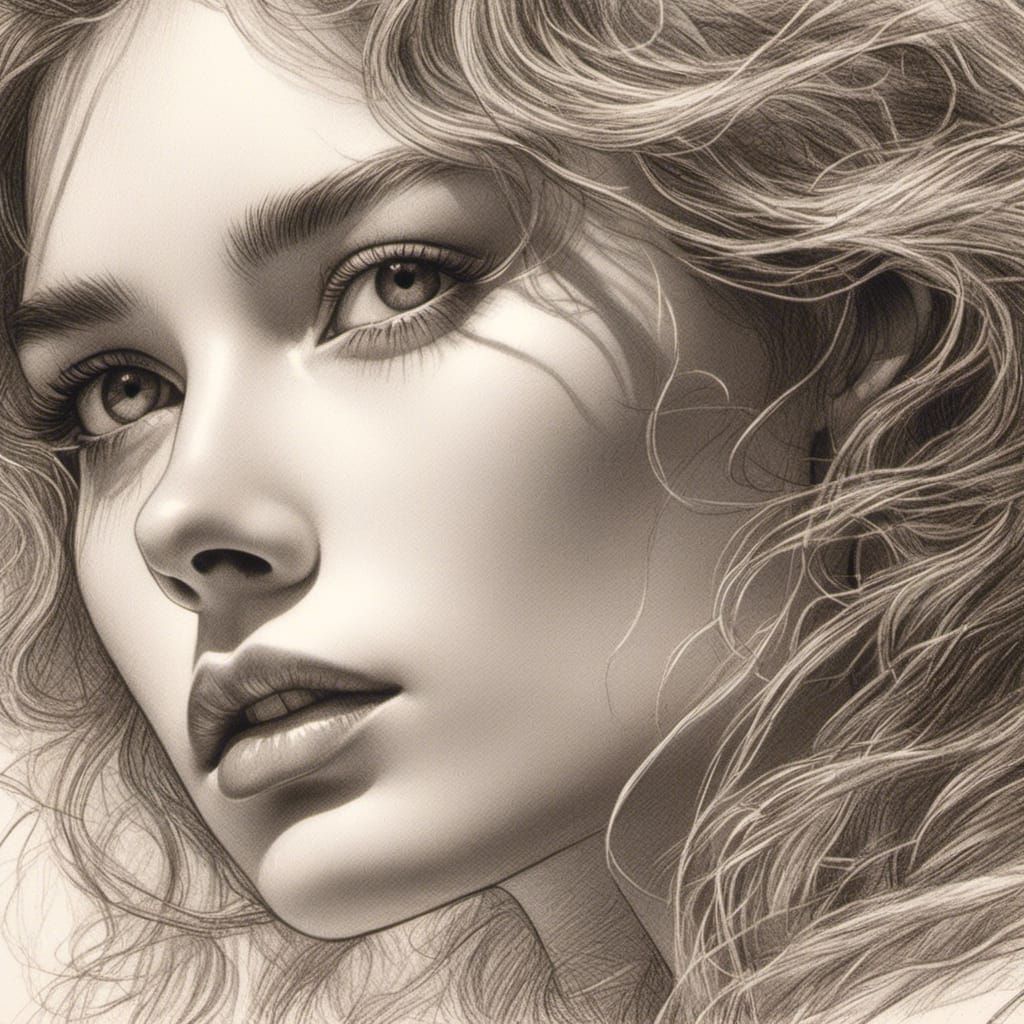 Elegant Woman's Portrait in Renaissance Pencil Sketch Style