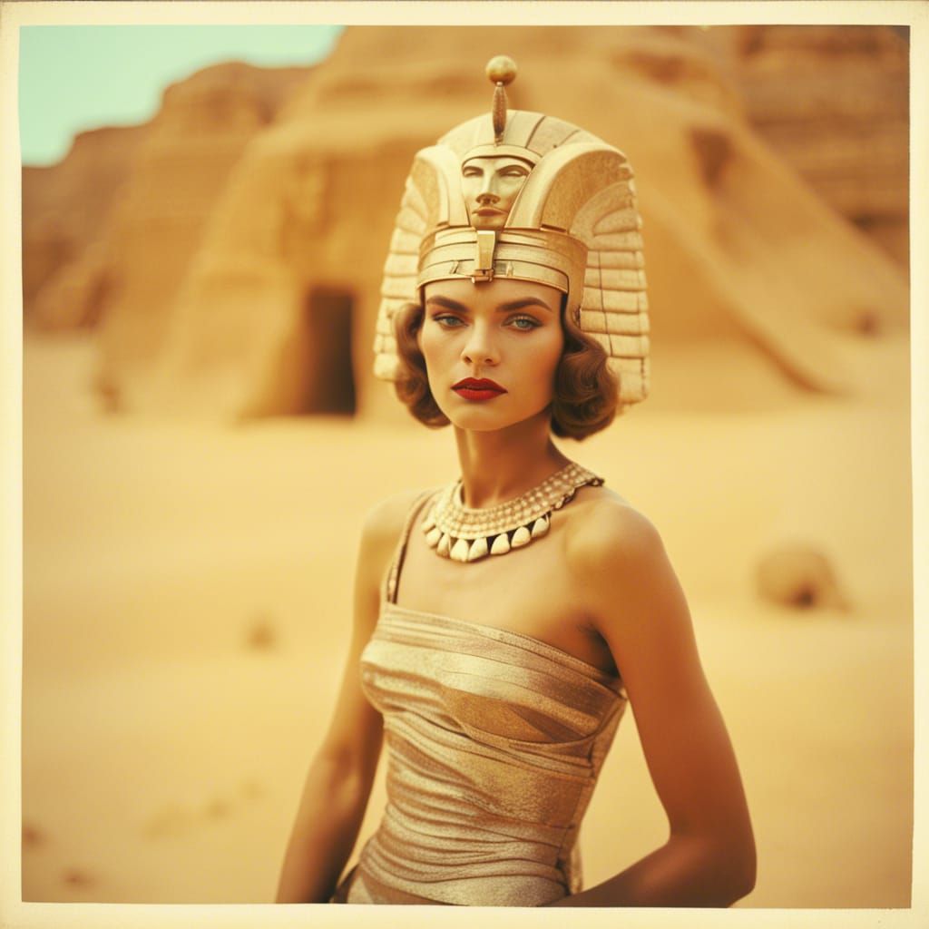 Retro Pharaoh Queen in Desert: 60s Fashion Photography