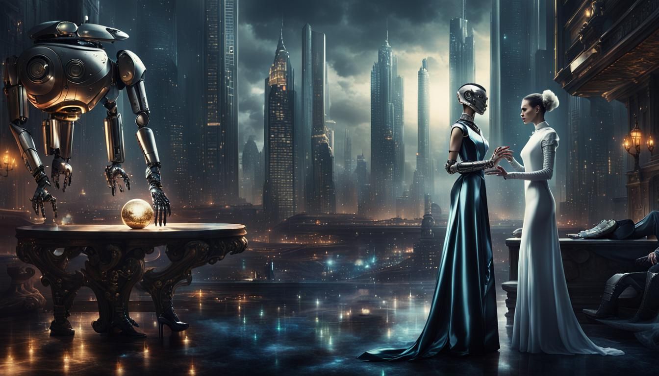 Dark Fantasy: Woman and Robot in Futuristic City