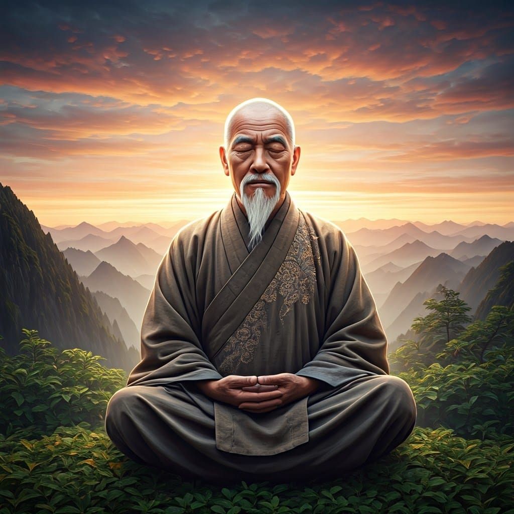 Meditating Asian Sage at Golden Hour