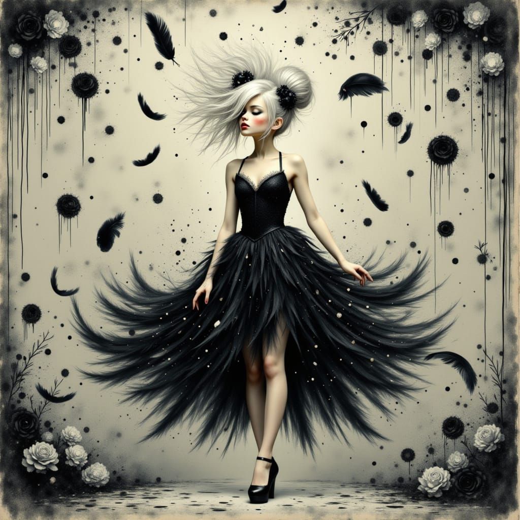 Ballerina in Art Nouveau Style with Feathers