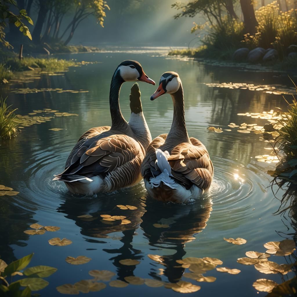 Geese Kissing in Golden Light: Fantasy Concept Art