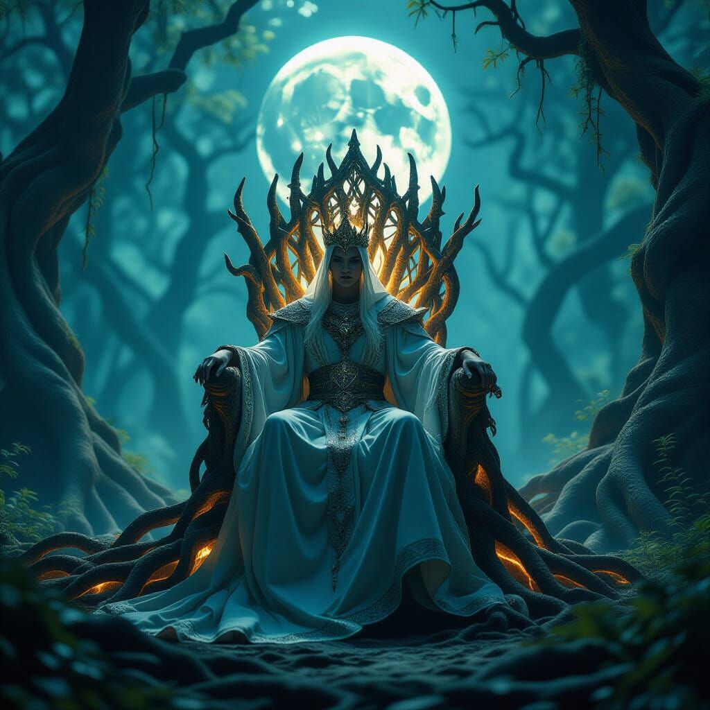 Regal Figure on Glowing Root Throne in Ethereal Forest