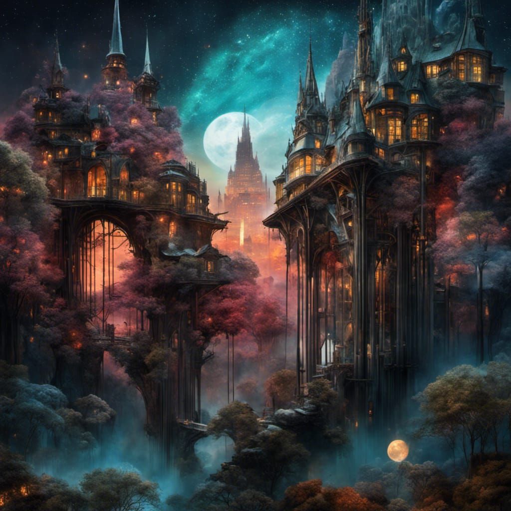 Magical Ethereal Landscape with Glass Buildings